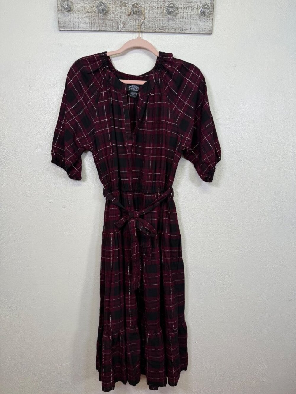 Angie Womens Burgundy & Black Plaid Midi Dress Tie Belt  Tiered Cottage Large